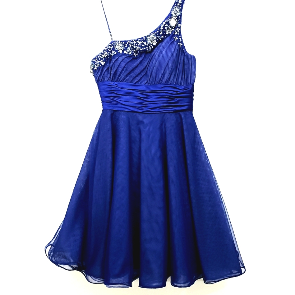 Adrianna Papell Evening Royal Blue One Shoulder Tulle Homecoming  Party Dress